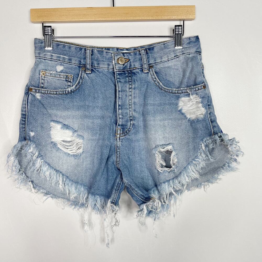 Zara Womens Size 2 Denim Floral Painted Ripped Fray Hem Shorts Distressed Booty